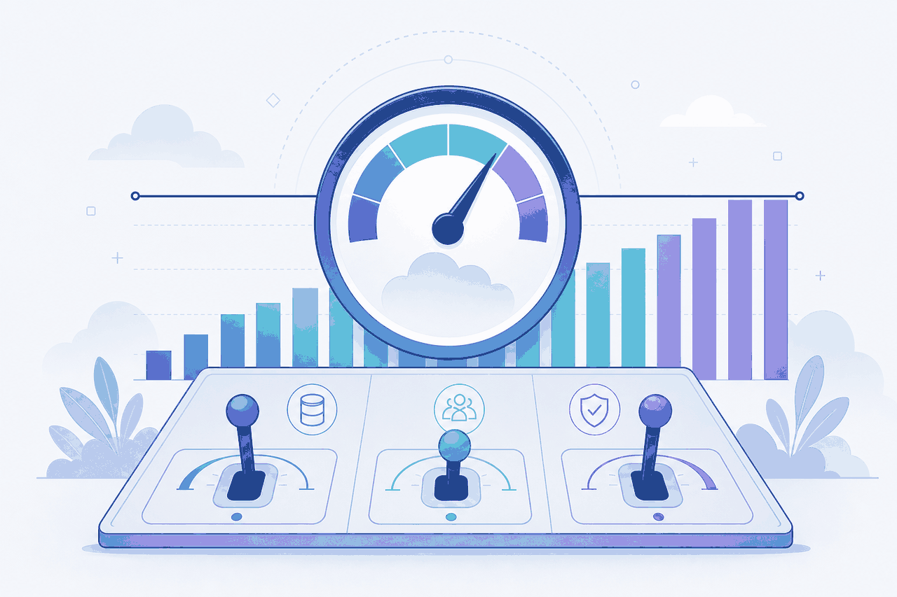 Illustration of a cloud spend gauge with three control levers taming a rising cost chart