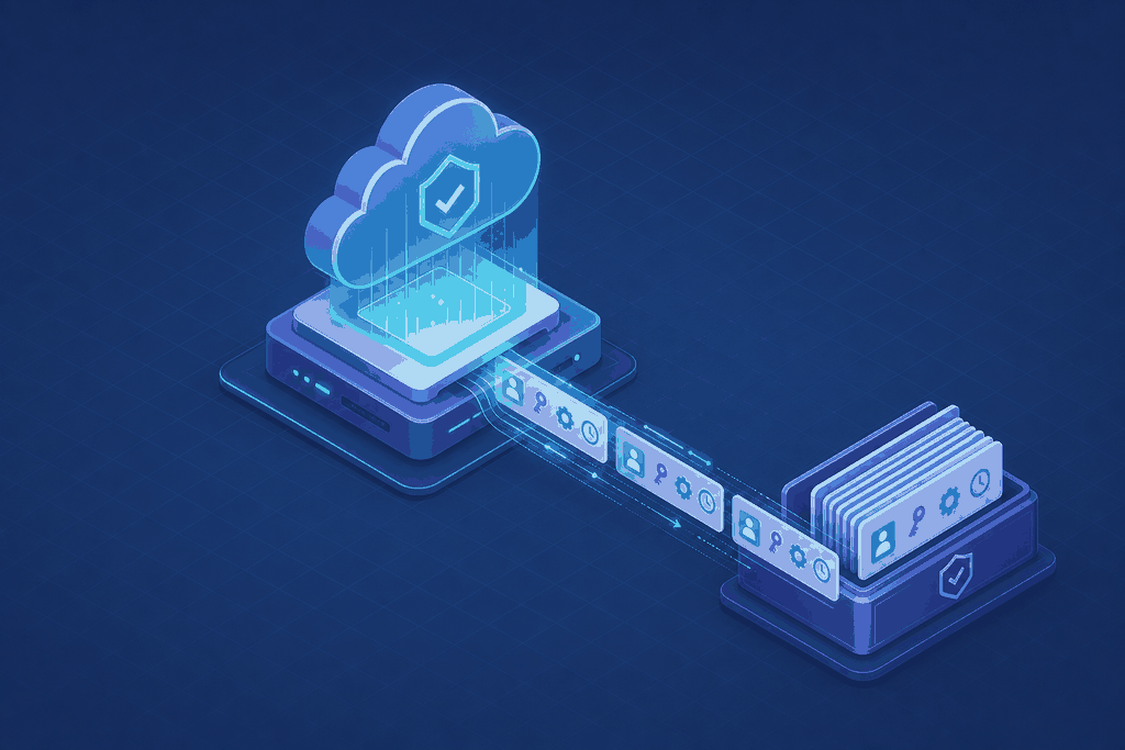 Illustration of a cloud platform stamping a continuous stream of audit records with identity, role, action