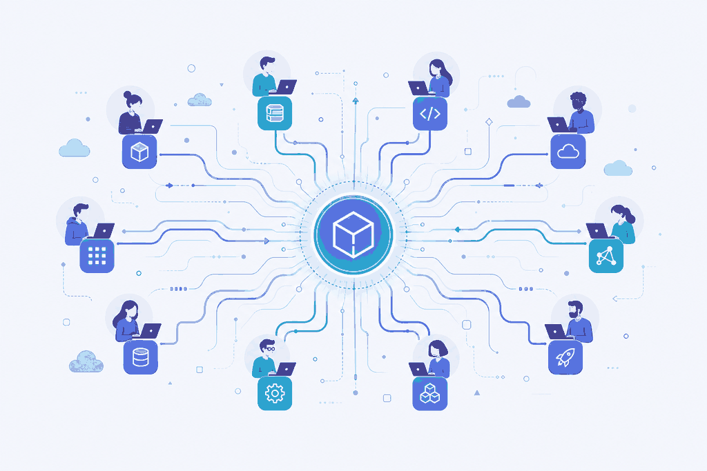 Illustration of developers deploying independently around a single central platform control node