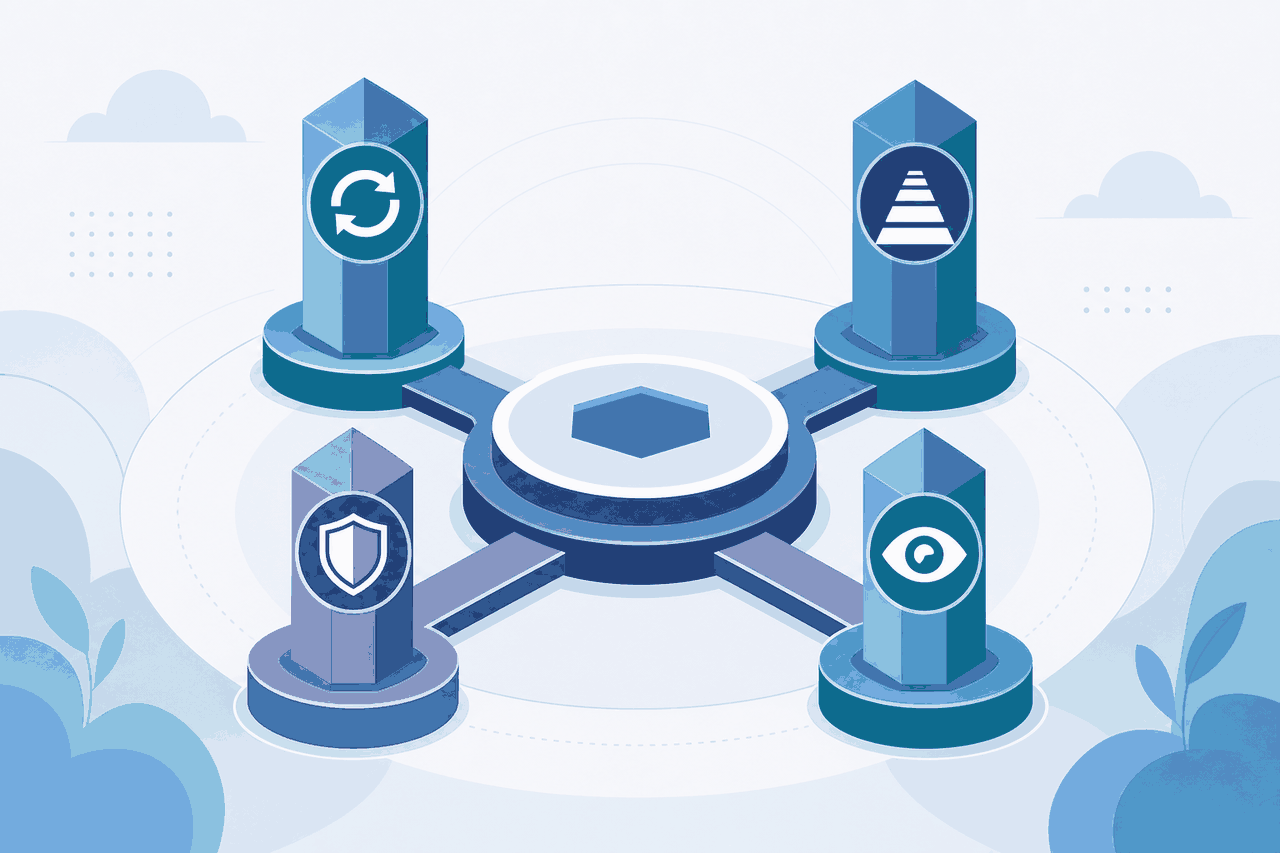 Diagram of four platform outcomes surrounding a central hub: self-service, standard path, guardrails and