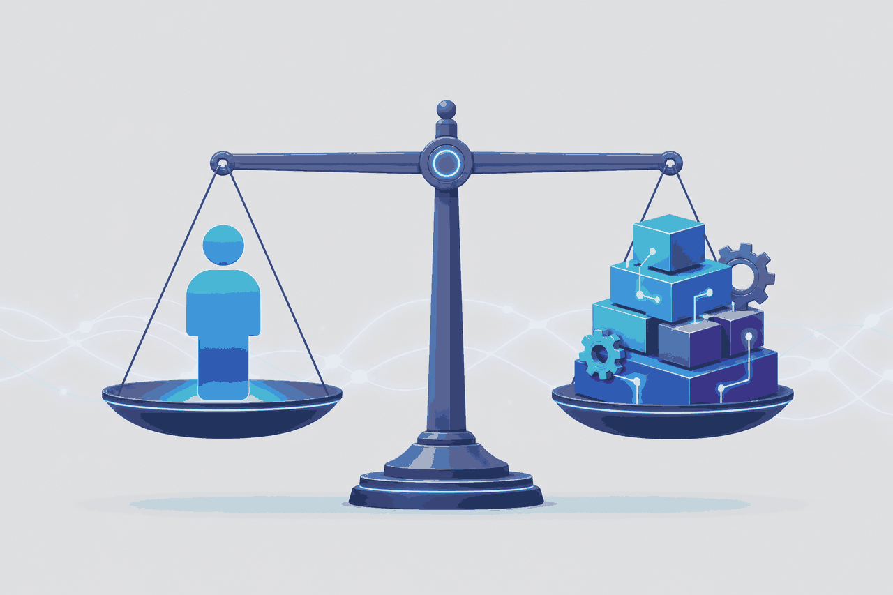 Illustration of a balanced scale weighing a single engineer against a stack of platform building blocks