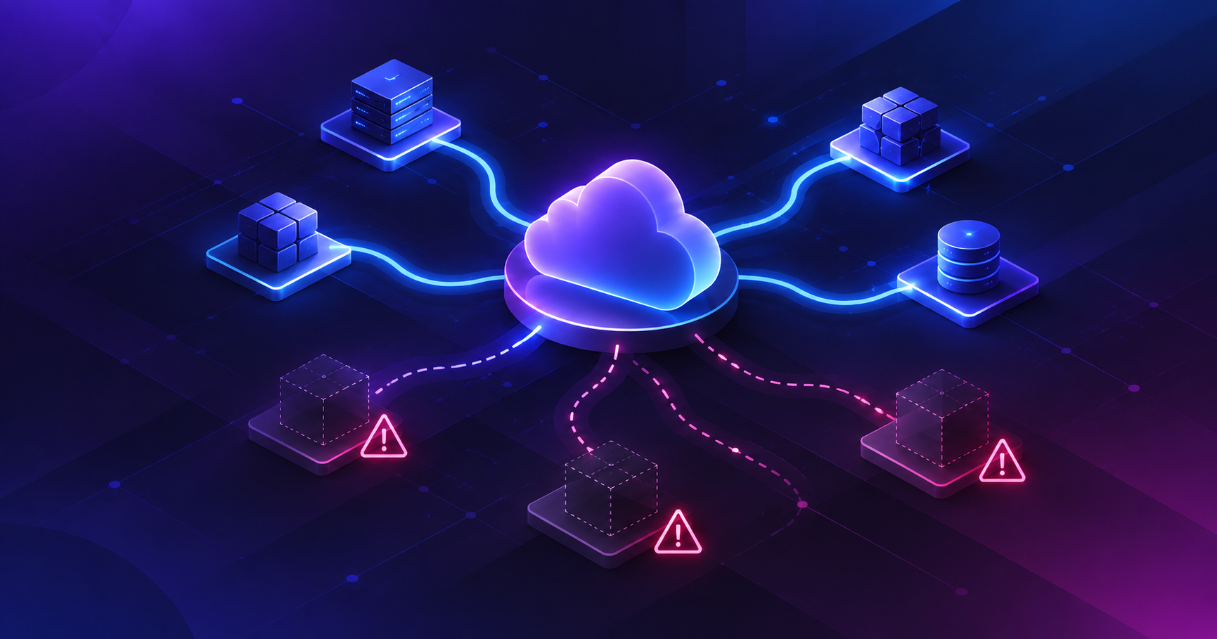 Illustration of a central cloud platform node with orbiting paths, half solid and half fading, suggesting