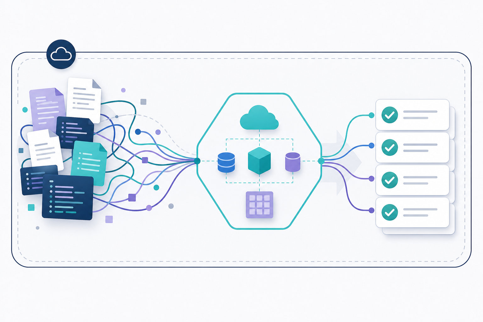 Illustration of scattered audit documents flowing through a cloud boundary into an orderly checklist of