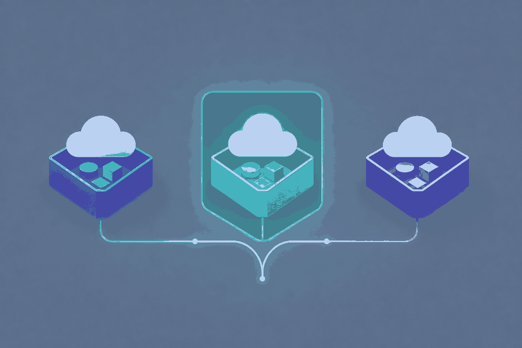 Illustration of three cloud platforms side by side with the centre one inside an account ownership boundary