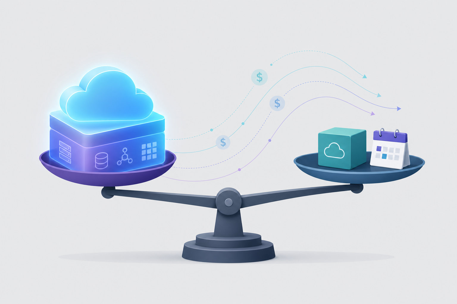 Illustration of a weighing scale comparing a heavy managed platform block against a lighter self-hosted cloud